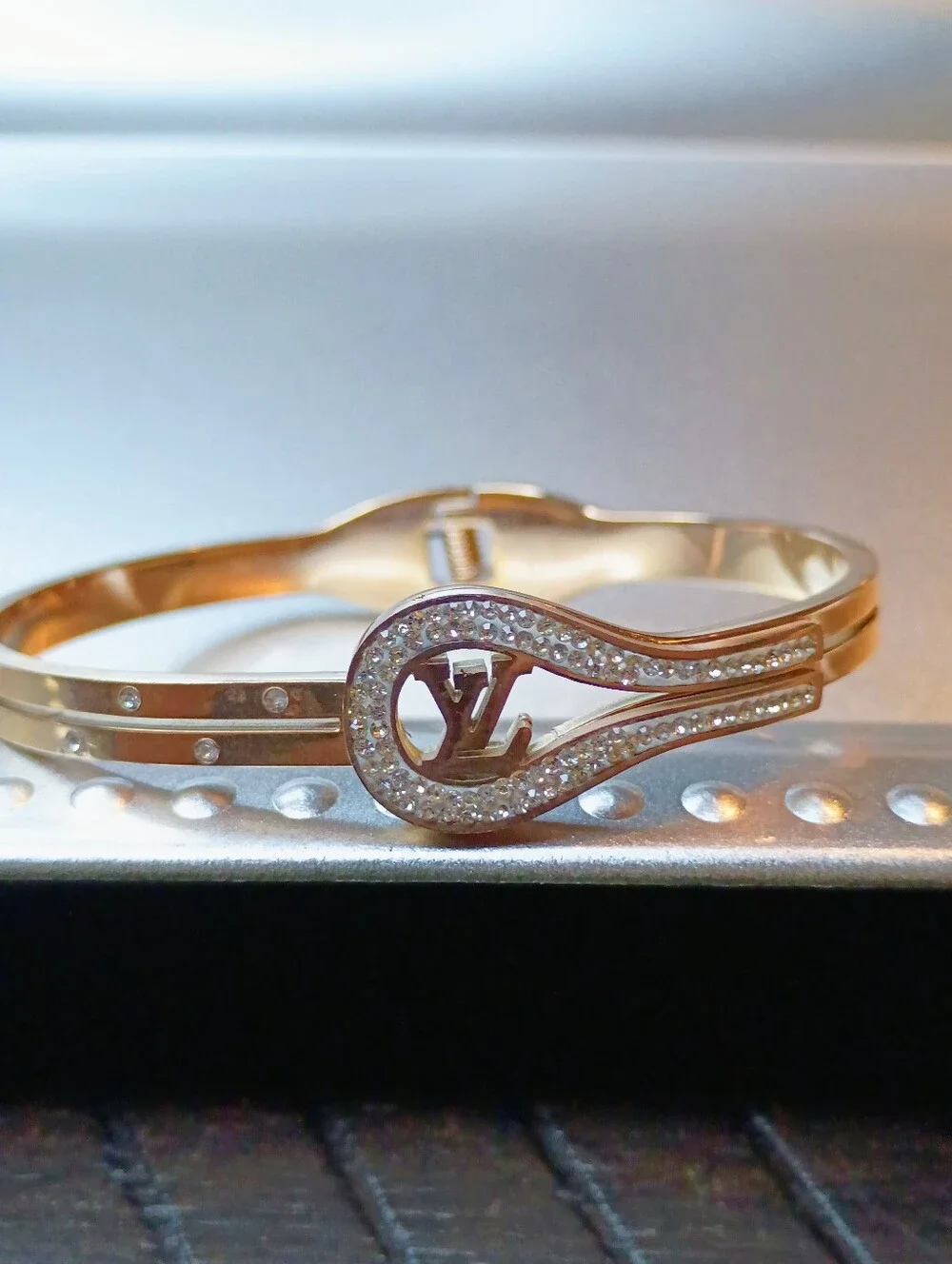 New Rose Gold-Tone Crystal Logo Hinged Bangle Bracelet